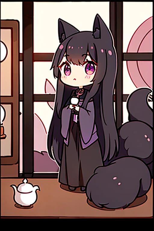 A black haired woman with violet eyes with an hourglass figure and black fox ears and a black fox tail is drinking tea by an open window