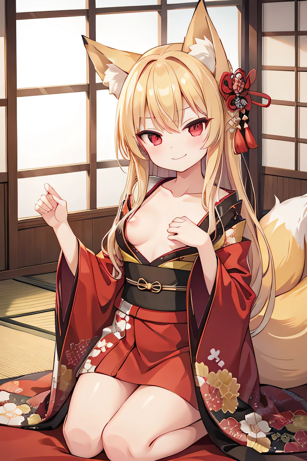 highest quality、Smirking face、Small breasts、Open chest、Fox ears、Long blonde、Red Eye、kimono、Japanese-style room