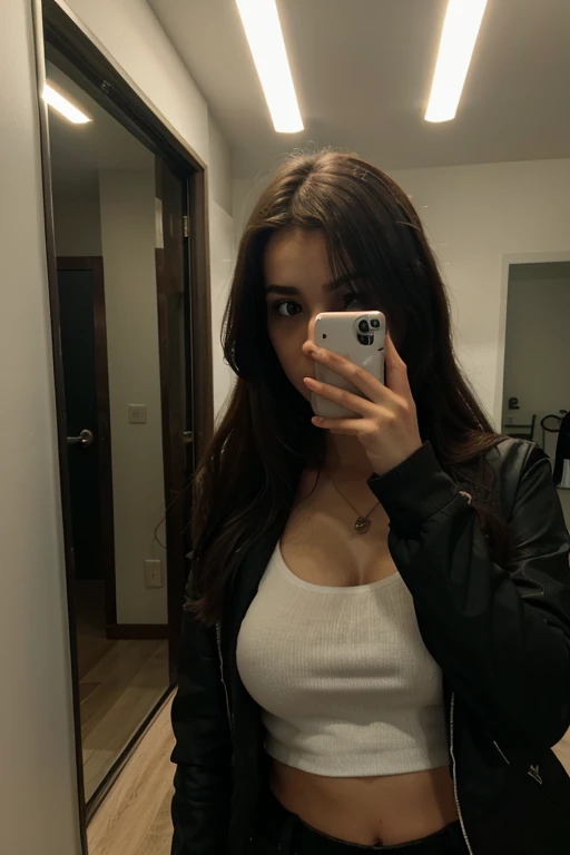 garota e-girl, taking a photo in front of the mirror holding the cell phone with your hand while partially hiding your face, The indoor environment is a bit dark and is only lit by LEDs.