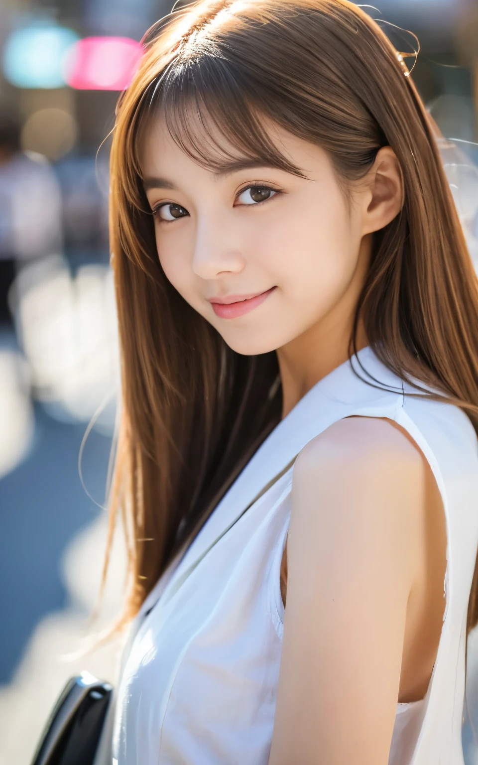 Cute 21 year old Japanese、city、shopping、Super detailed face、Pay attention to the details、double eyelid、Beautiful thin nose、Sharp focus:1.2、Beautiful woman:1.4、(Light brown hair,short hair、),Pure white skin、highest quality、masterpiece、Ultra-high resolution、(Photorealistic:1.4)、Highly detailed and professional lighting、nice smile、Please show me your whole body、Cute Spring Clothes、