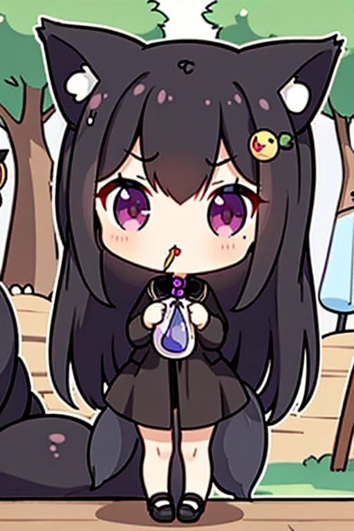 A black haired woman with violet eyes with an hourglass figure and black fox ears and a black fox tail is eating lunch at the park
