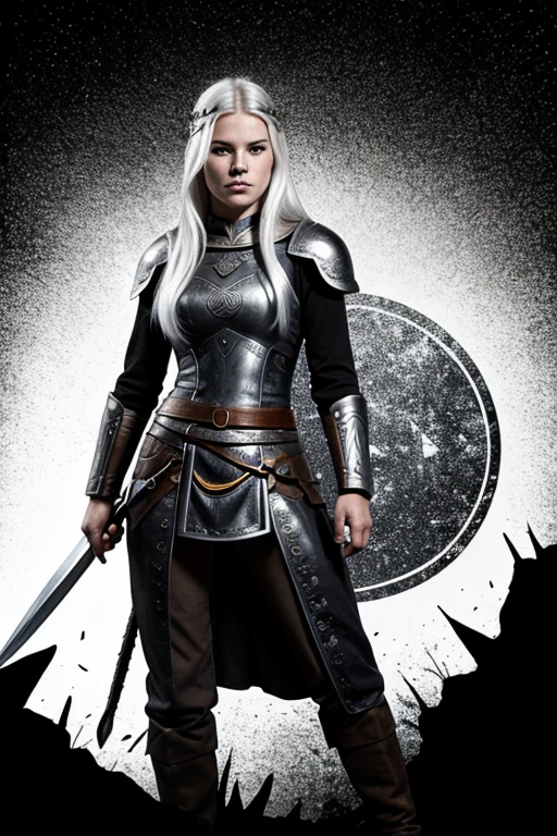 female viking warrior queen, slim fine face, white hair, epic lighting, black and white, comic book style, vector, lineart, no background, full body shot, no armor