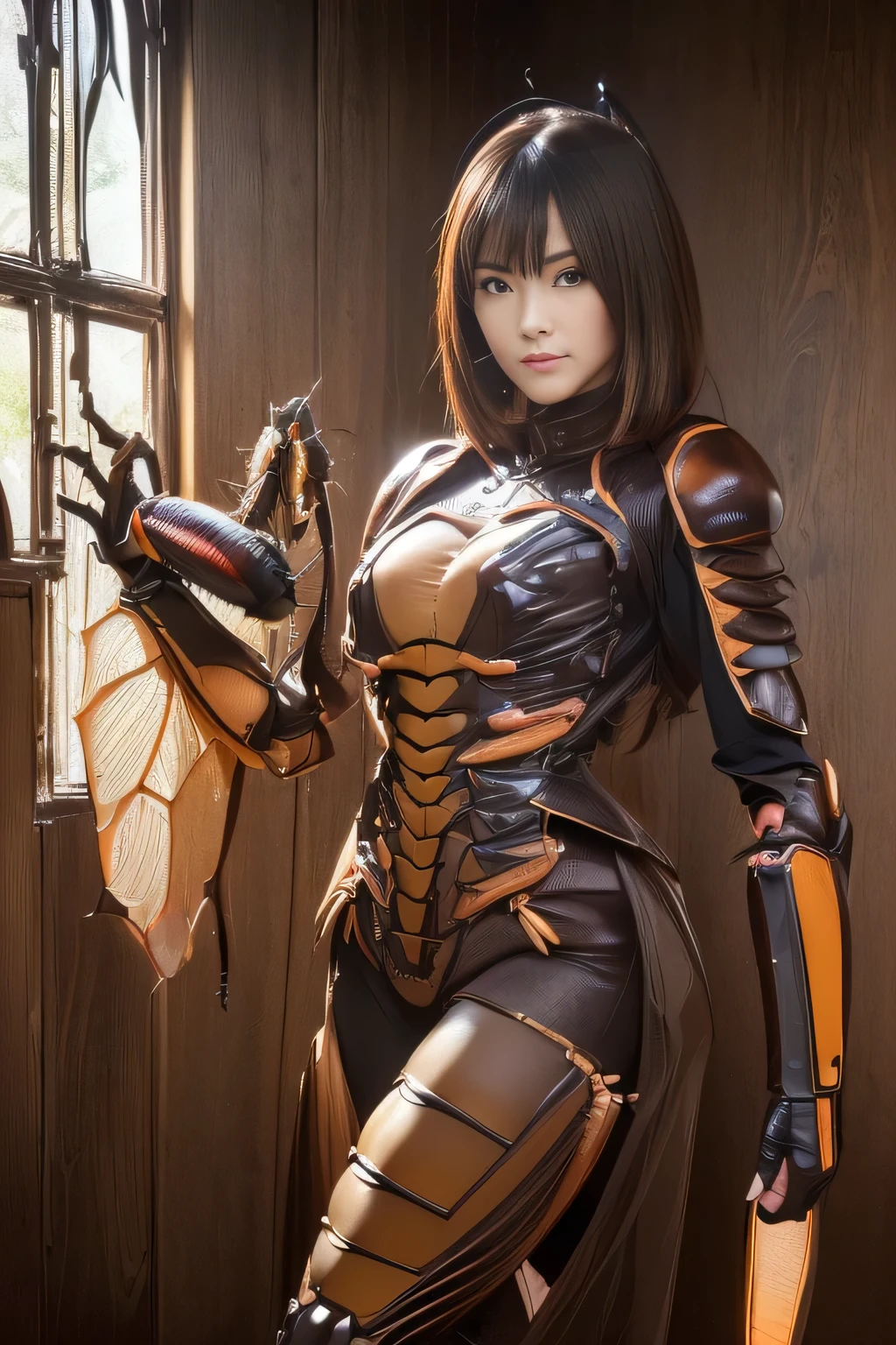 (high resolution,masterpiece,best quality,extremely detailed CG, anime, official art:1.4), realistic, photo, amazing fine details, all intricate, gloss and shiny,awesome many layers, 8k wall paper, 3d, sketch, kawaii, illustration,( solo:1.4), perfect female proportion,villainess, (fusion of dark brown cockroach and lady:1.4), (brown cockroach form lady:1.2), (brown cockroach lady:1.2), (fusion:1.2), (solo:1.4), (evil smile:1.2), muscular, abs, (cockroach brown exoskeleton bio insect suit:1.4), (cockroach brown exoskeleton bio insect armor:1.2), (brown transparency cockroach wing:1.4), (brown cockroach antennae:1.3),