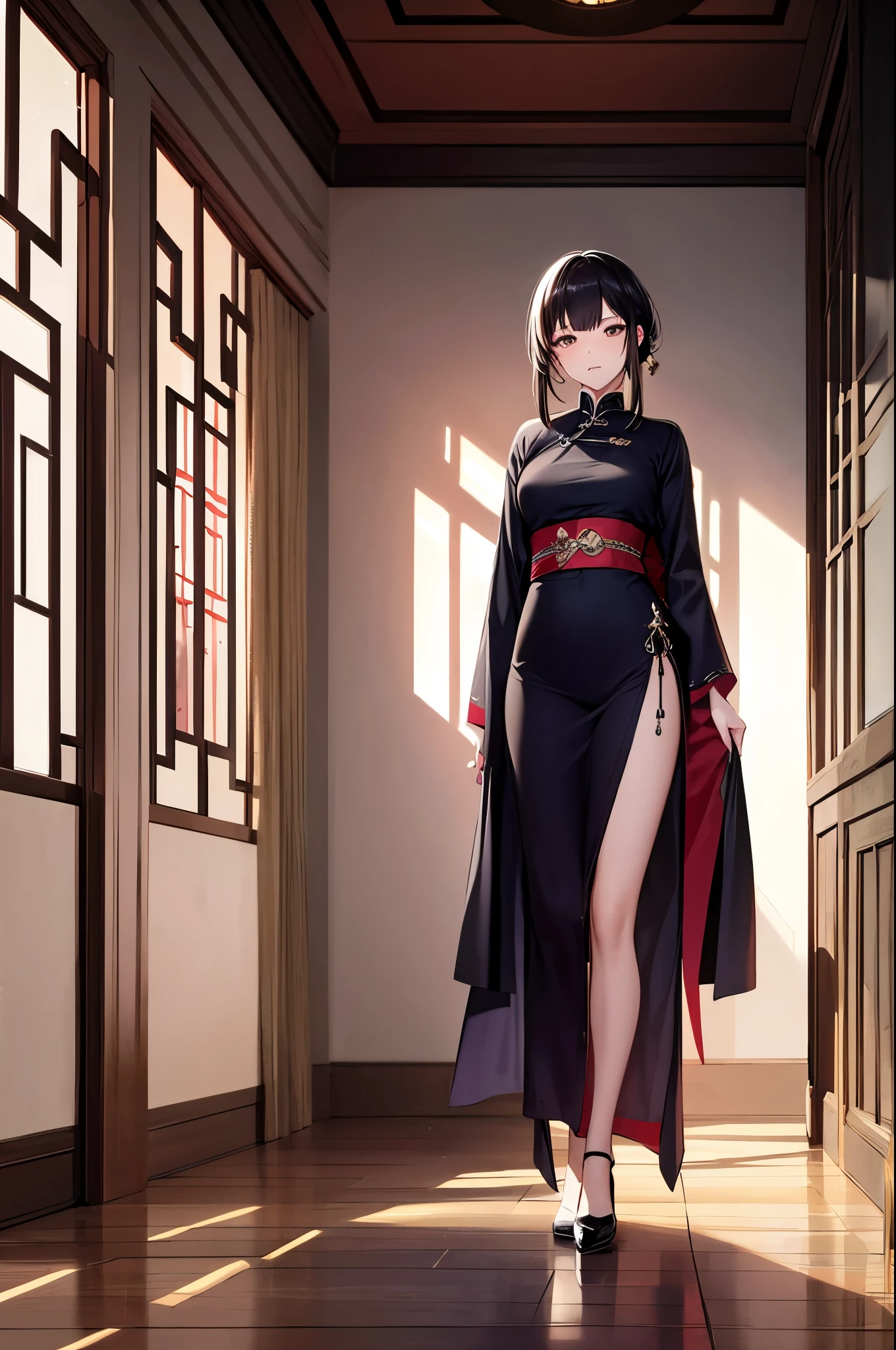 girl, Wearing purple and black robes, Located in a Chinese-style building