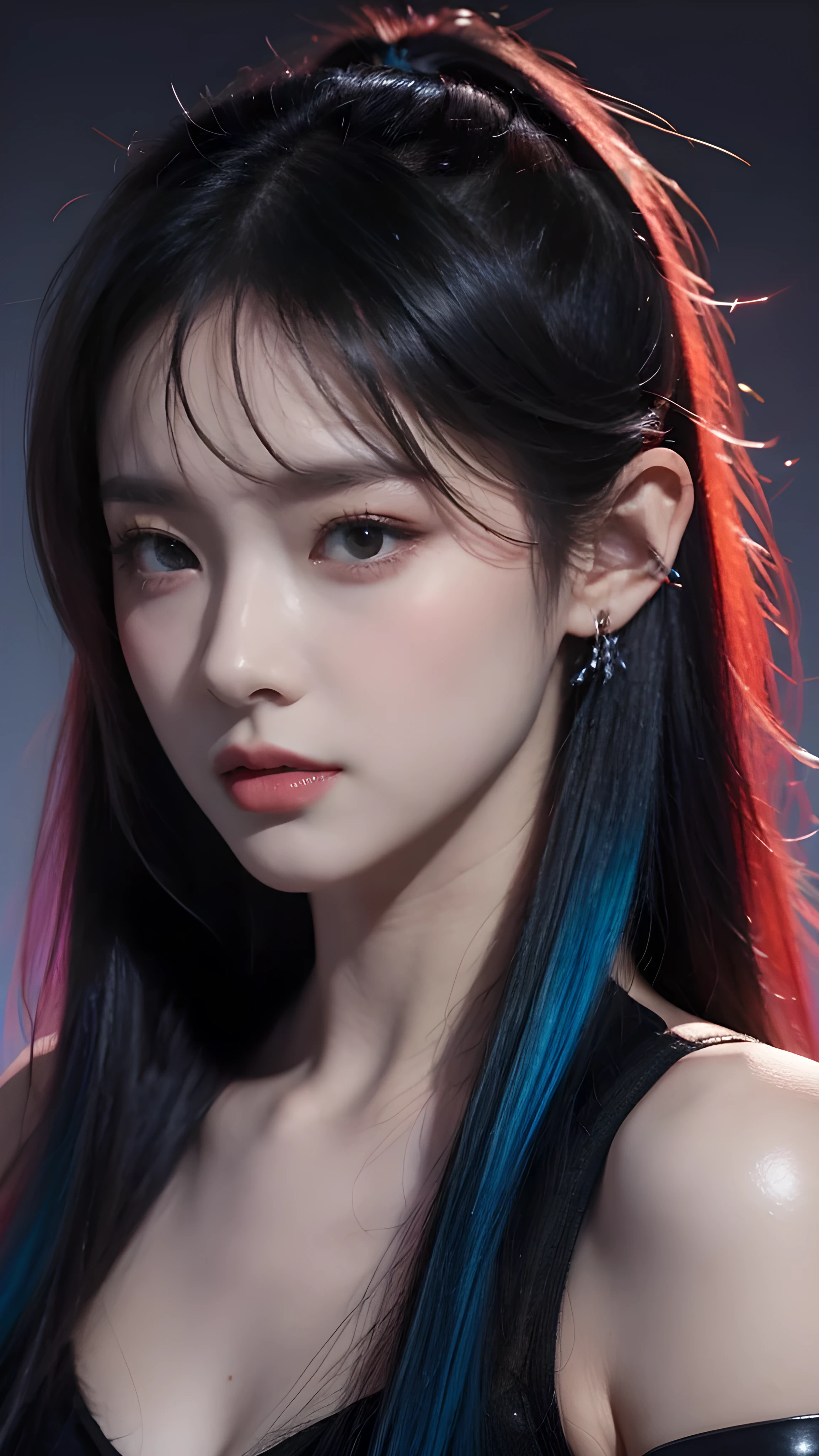 masterpiece,best quality,high resolution,8k,(portrait),(Close-up of the portrait),(RAW photos),real picture,Digital Photography,(cyberpunk queen),20-year-old girl,Long ponytail hairstyle,By Bangs,(Black and Blue Ombre Hair),(Glittering red eyes),Devil&#39;s Eye,serious yet charming,Mechanical fuselage,Green light-emitting electronic components,Red wires and tubes connect the body,Complex purple electronic texture,Weird technology symbols,Black round forehead symbol,Luxurious mechanical crown,shut your mouth,(Mechanical Woman),Photo poses,Cyberpunk characters,Future Style,Gray World Background,oc render reflection texture