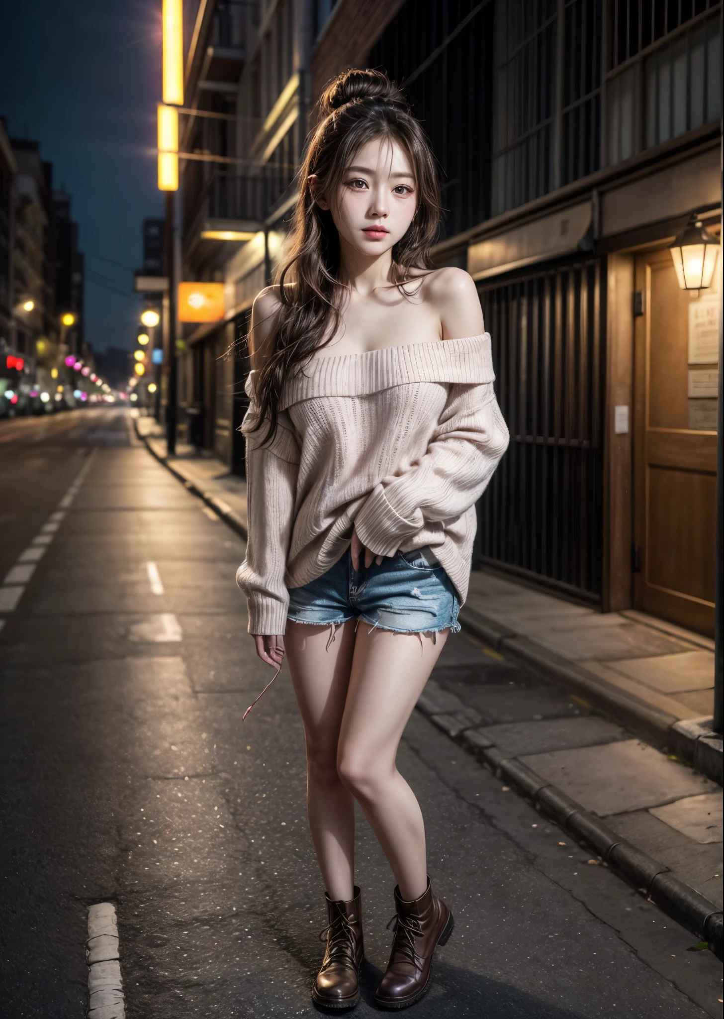 One cute girl、Pink off-the-shoulder sweater、Shorts and brown stockings、Empty city street at night、Outside lights come on、Full body photo、Perfect lighting、Sharp focus、High resolution、High resolution、High color reproducibility、High resolution、Ultra-realistic、Photorealistic