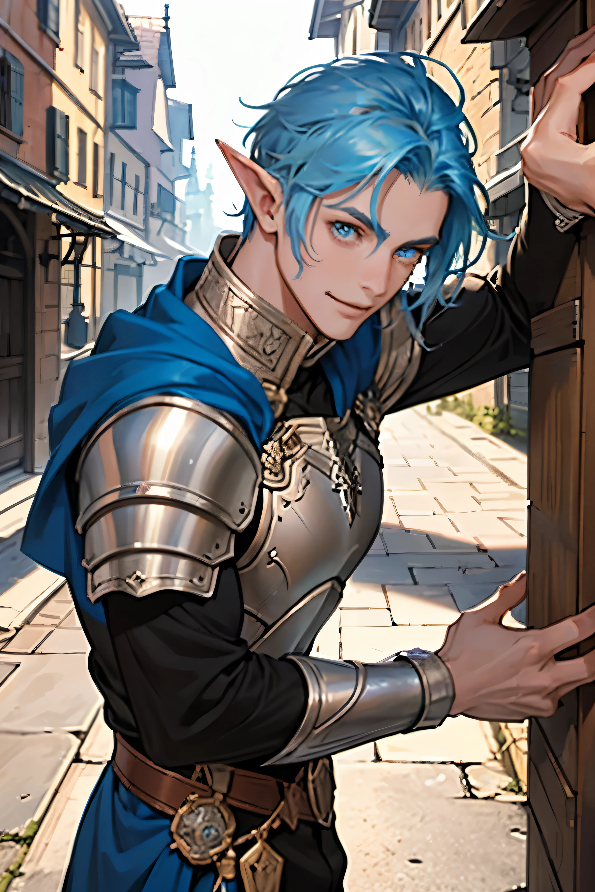 A young elf guy, 28 years old, with blue hair and eyes. There is a sly smile on his face. His skin is white. Has a strong physique. Dressed in light armor. Middle Ages, fantasy.