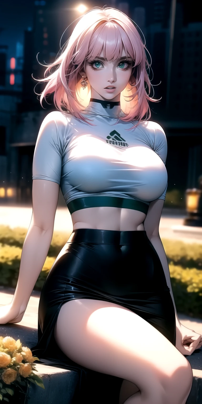 realistic, 1girl, Fubuki, pink hair, green eyes, big round breasts, pure white skin, shining eyes, dark green crop top, dark green skirt, parted lips, rouge, night, flowers, sun, sunshine