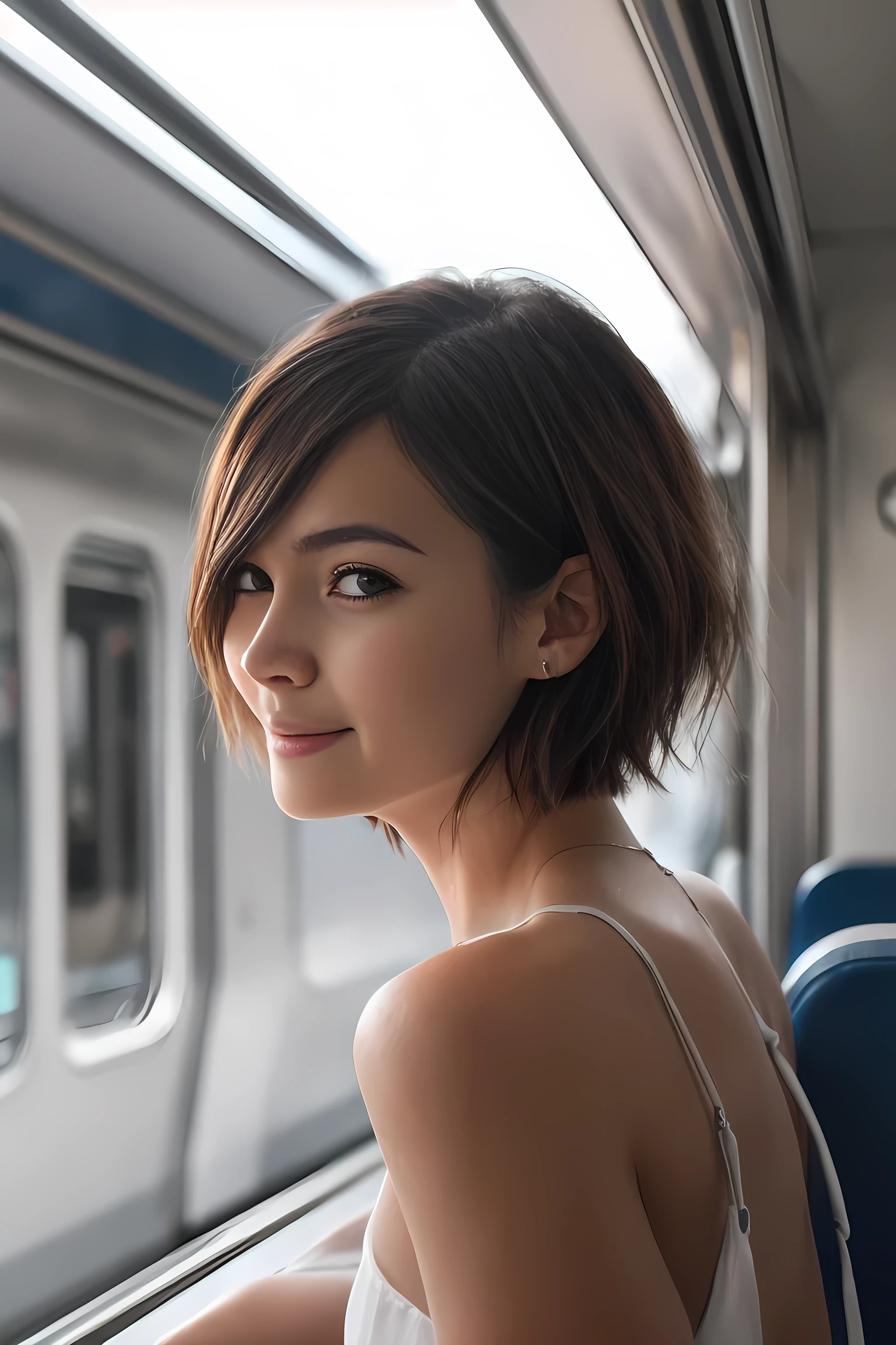 A perfect well-lit portrait photograph, Beautiful Short hair ,train