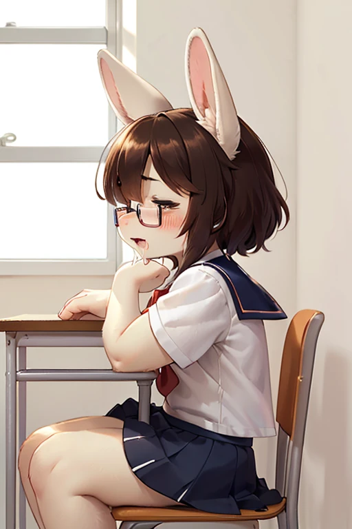 left side view , focus face , hairy bunny Short stature girl , (realistic hairy bunny fur:1.2) , round Mumps face , (tilt face:1.2) , dull geek , (closed eyes) , Swollen cheeks , shy , glossy lips , eyewear , in the school , Class is in progress , school sailor , skirt , sit on chair , sleeping  , (head on the desk) , Drooling