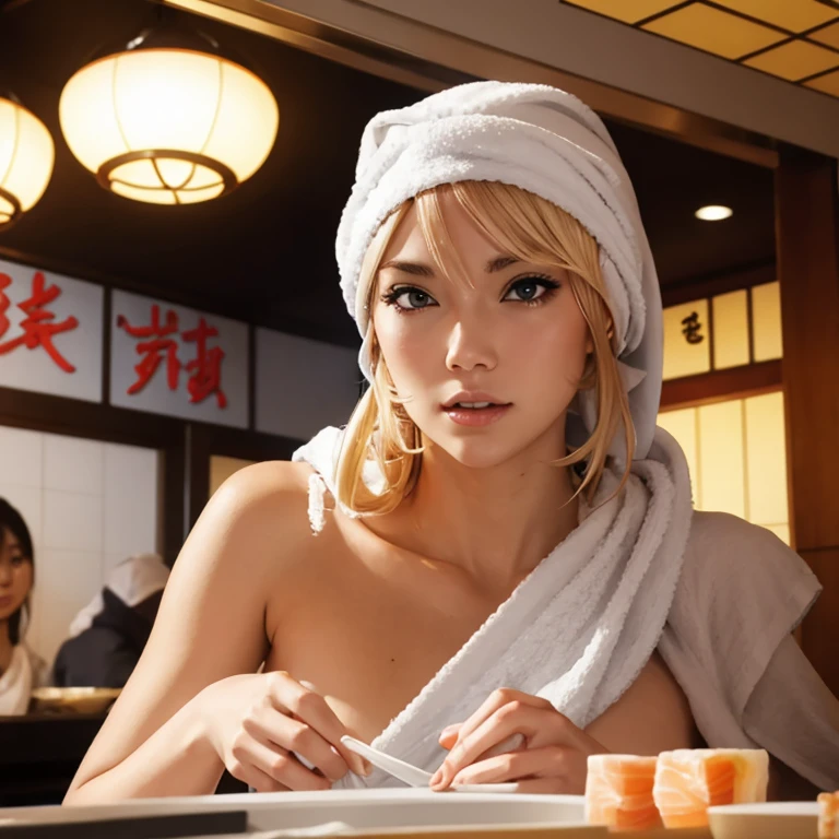 A blonde woman with a towel around her head holding sushi in a sushi restaurant Wearing an apron