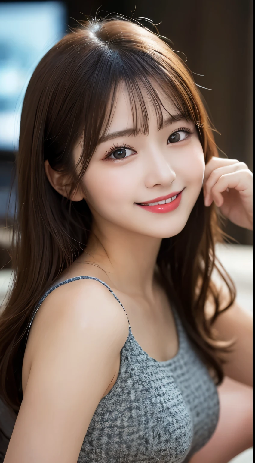 Tabletop, highest quality, shape, Very detailed, finely, High resolution, 8k wallpaper, 完璧なダイナミックな構shape, Beautiful and detailed,ランダムなcute髪,,Natural color lip, Bold sexy pose,smile、20-year-old girl、cute、Looking at the camera,Always blur the background,Perfect and beautiful face,Slim face and figure,Big eyes、Putting on gal makeup,Small face,Shooting from below、smile,Blurred Background,Elegant feminine face、Cyberpunk Fashion、smile