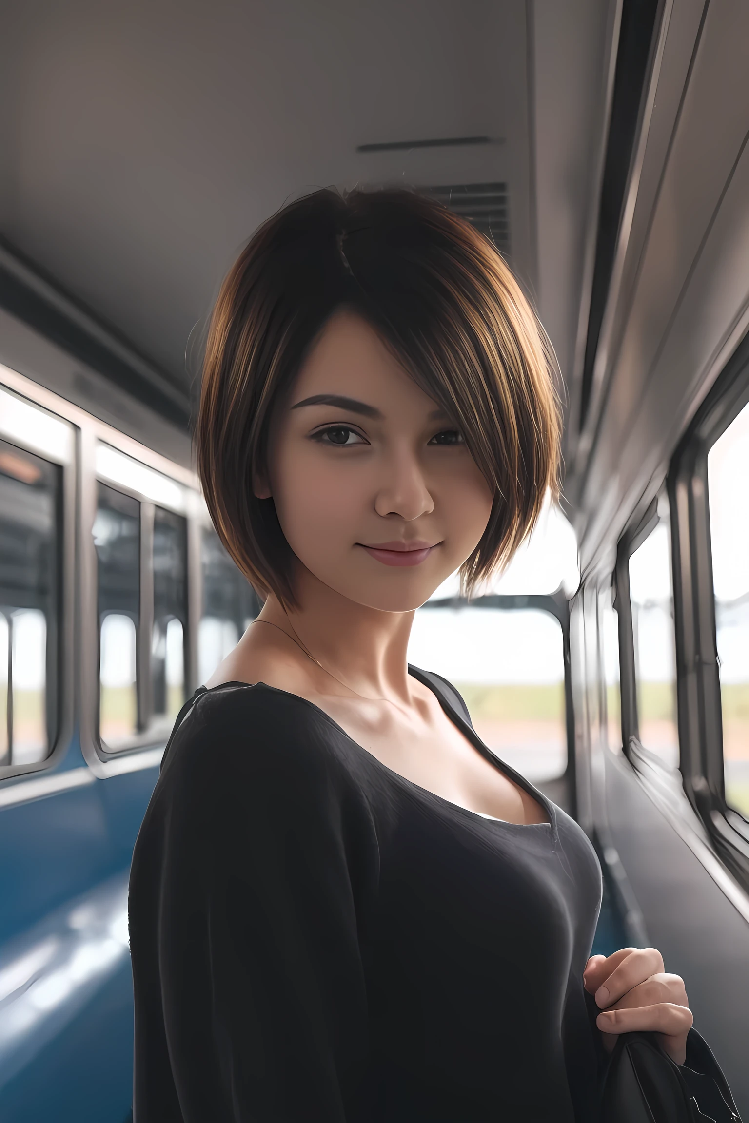 A perfect well-lit portrait photograph, Beautiful Short hair ,train