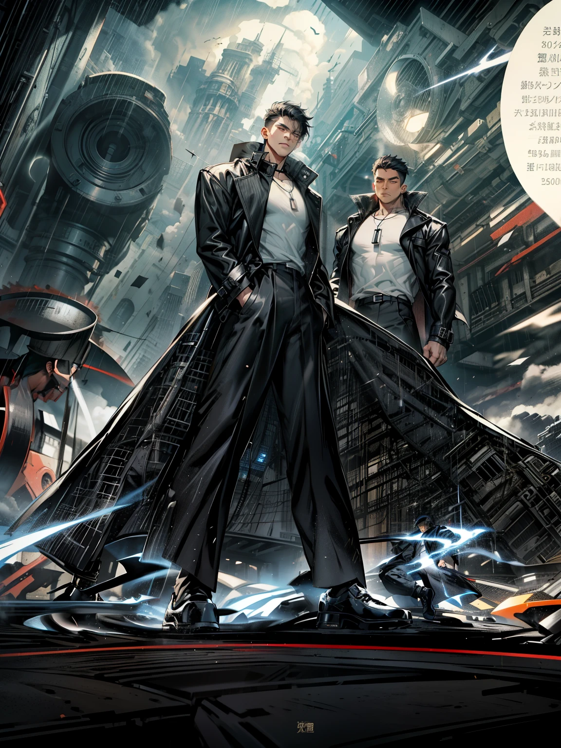 boys 26 Years old, Serious face, wearing black long trench coat, ((whit round neck tshirt)), black pants, black oxfords shoes, levitate on sky, cloud