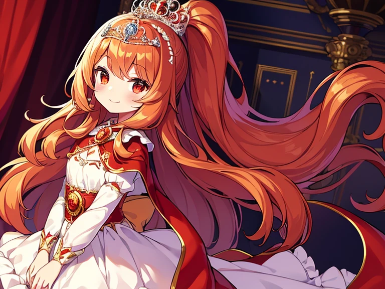 (kawaii),(best quality),(ultra detailed), upper body,(rococo style),(long train red cape:1.15), very long cape,(long train white ball gown with flower decorations), a girl is wearing a cape over her gown, 1 little princess, tiara , smile, very long hair, small breasts