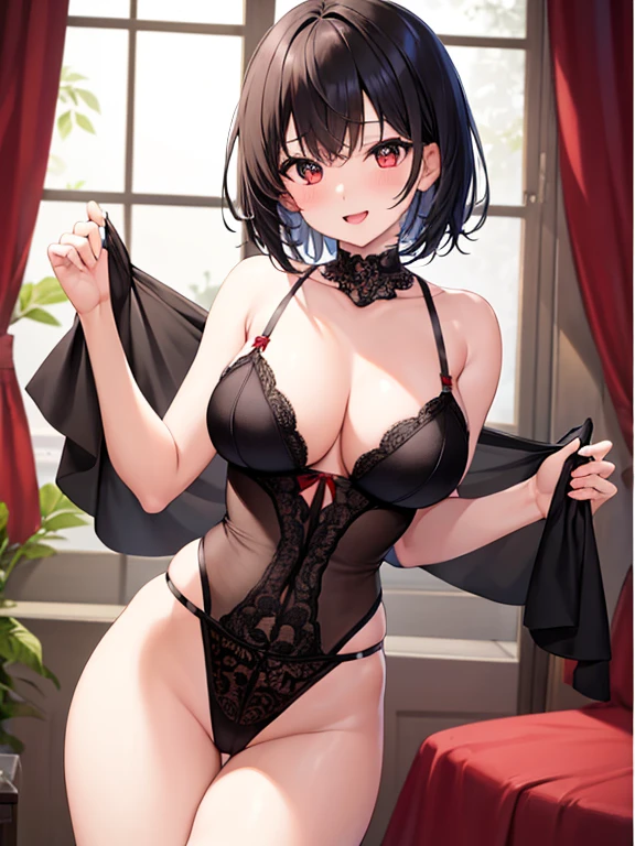 masterpiece、Highest quality、Ultra-high resolution、Medium breasted girl、red and large eyes,、Black short hair、The hair inside is colored、Excited face、Please open your mouth a little、Sensual Gravure Idol、Seductive pose、Sex-inviting pose、lingerie