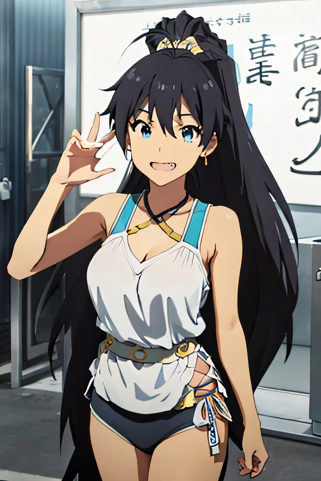 ponytail、Black Hair、Long Hair、Idol、Double teeth、、Big Breasts、Blue Idol costume