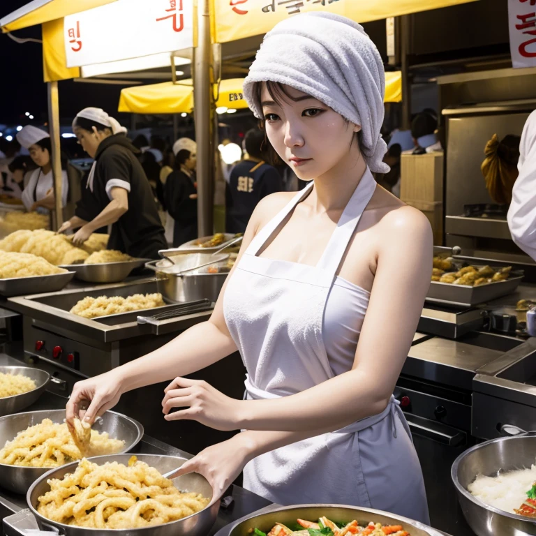 A woman with a towel wrapped around her head making a large amount of tempura at a Korean night market　highest quality　Wearing an apron