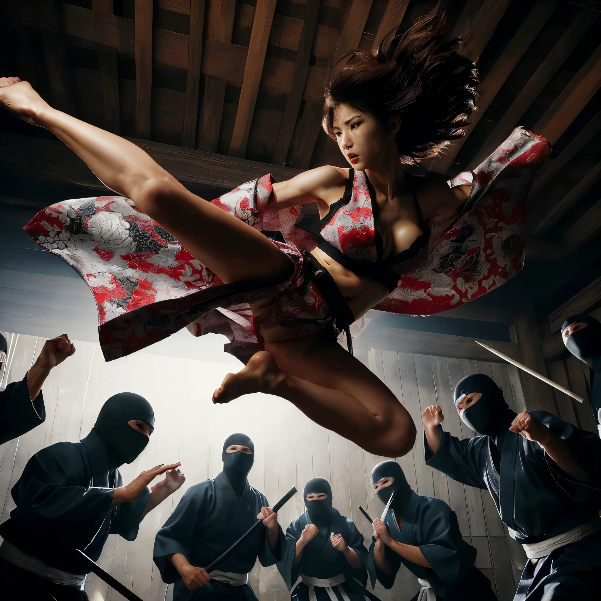 ((very sharp photo result & detailed face)) (((textile shading))), (((Best Quality))), (((masterpiece))), (((hyper realistic photo))) low angle camera shoot, fierce Japanese girl martial arts battle, short skirt satin kimono with dragon motif, big breast, red lace bra shown from opened kimono, cleavage shown, upskirts, she is very sweating, moist face facial pore detail exposed, dynamic action pose, (high-flying kick from above, she is kicking 2 ninja opponents) intense combat, surround by full weapon ninjas, very choreographic & energetic, detailed face, action-packed, dramatic shadow and light