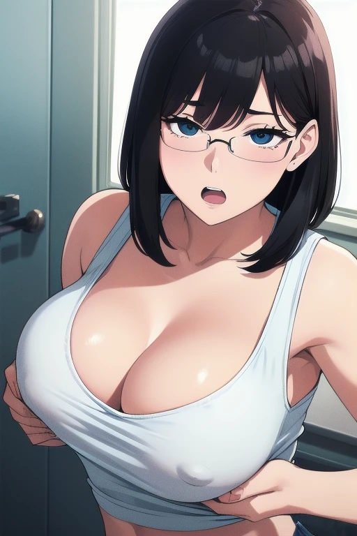 Hero Girl,(Very exquisite beautiful face and eyes:1.2) ,Cowboy Shot,Dynamic pose,Dynamic Angle, (highest quality,masterpiece:1.2),Intricate details,Very detailed,High resolution,1 girl,Looking at the audience, 1990s\(style\)、漫画style、White background、（Tank top shirt、Cleavage、?????????????、Titty ????、Upper Body、Rubbing ??????? vigorously with hands)、Embarrassed face、Surprised face、Open Mouth、black eye、Glasses、Small, narrow eyes、