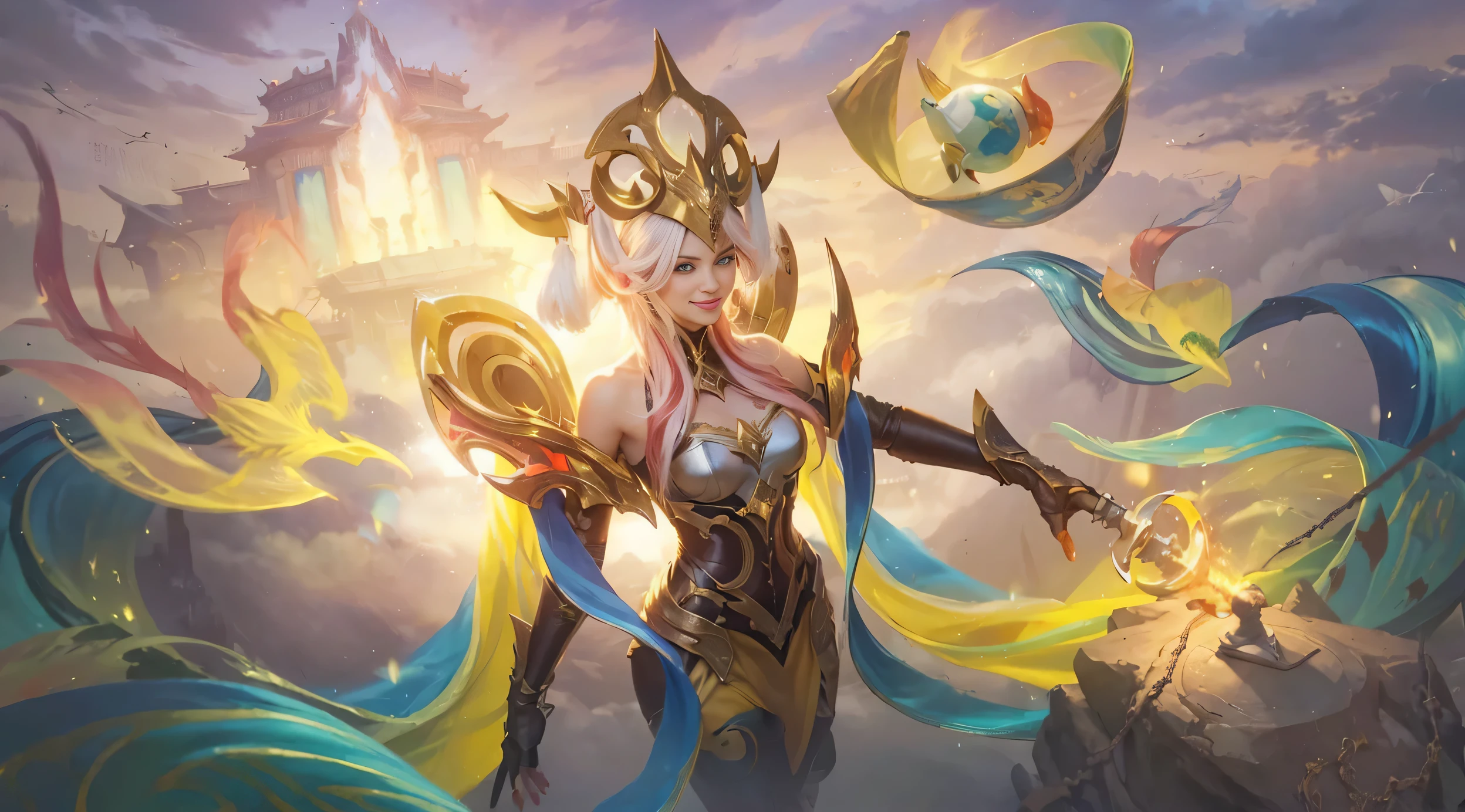 8k, best quality, highres, realistic, real person, A warrior facing a demon lord, more lightly armored this time, with a mischievous, cunning smile. The warrior has short red hair and wields a large, ornately decorated axe. The setting is a fantasy battleground. The warrior's pose is more relaxed and sly, reflecting their crafty personality. The background includes magical effects and a dark, ominous atmosphere, emphasizing the ongoing battle. StarkFrieren