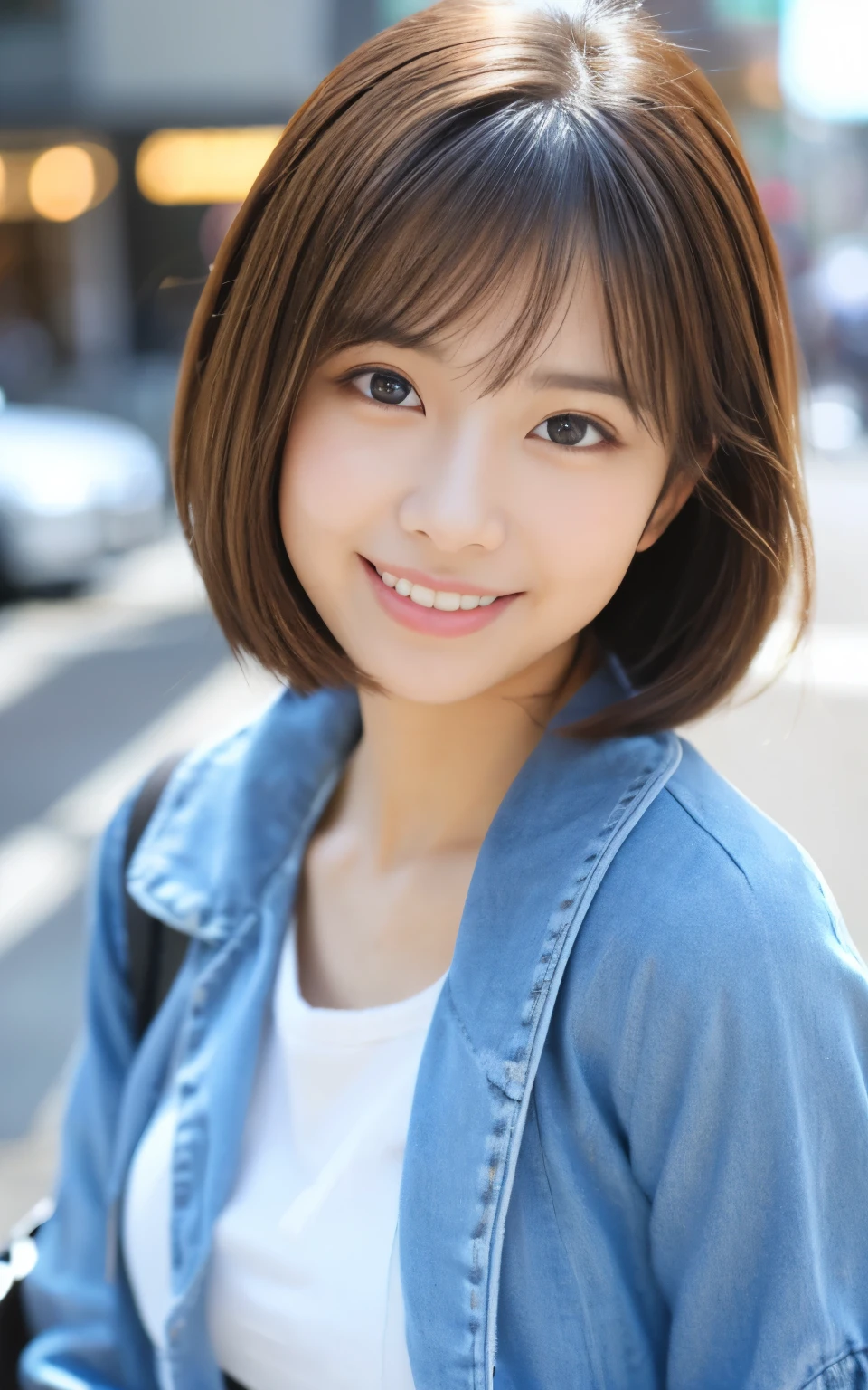 Cute 21 year old Japanese、city、shopping、Super detailed face、Pay attention to the details、double eyelid、Beautiful thin nose、Sharp focus:1.2、Beautiful woman:1.4、(Light brown hair,short hair、),Pure white skin、highest quality、masterpiece、Ultra-high resolution、(Photorealistic:1.4)、Highly detailed and professional lighting、nice smile、Please show me your whole body、Cute Spring Clothes、