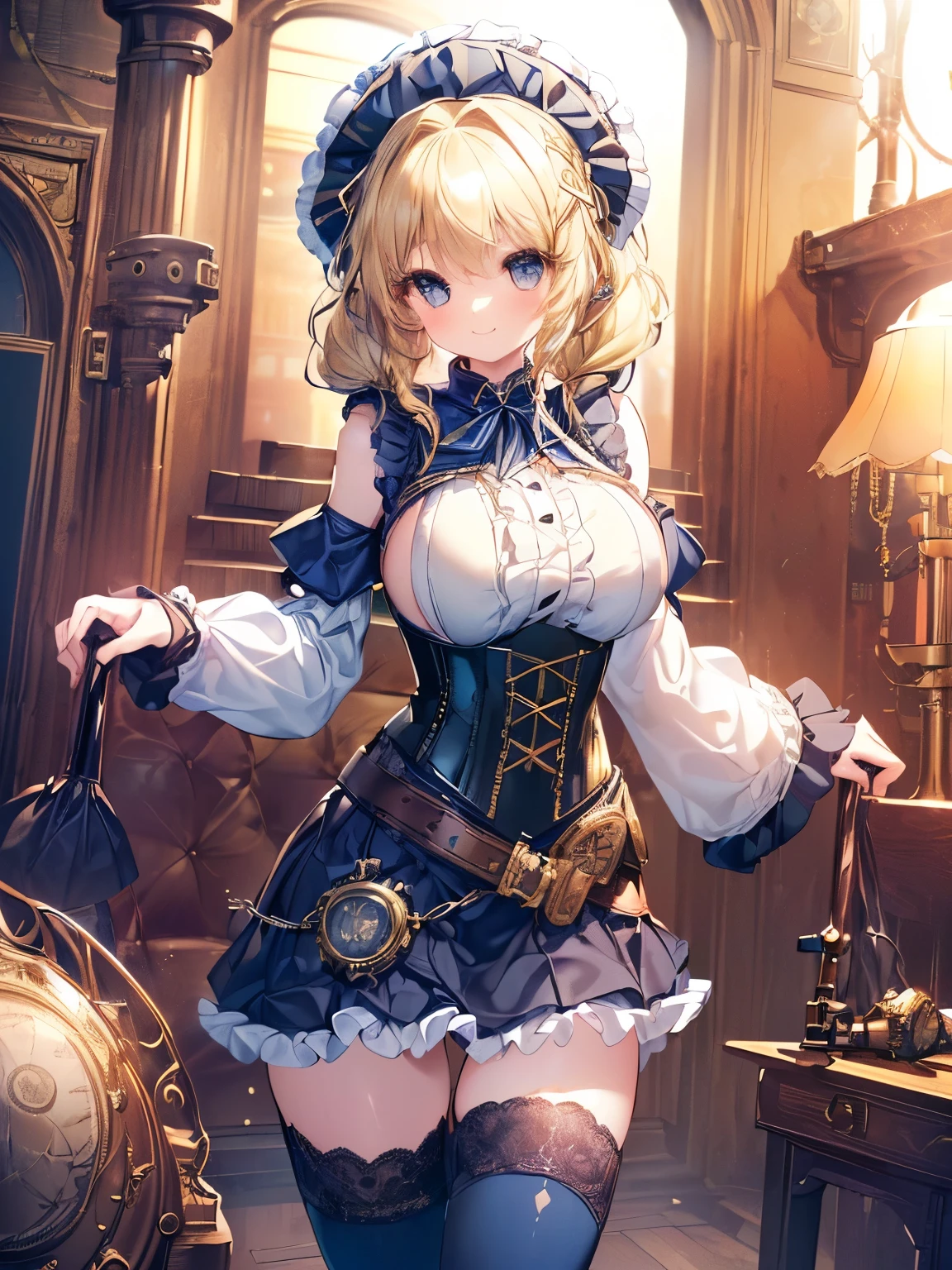 Masterpiece,Best Quality,(Super Detail),Perfect Lighting, Highly detailed CG,Super detailed,(Highly detailed eyes,Very cute face,Highly detailed face:1.3),Beautiful Anime Girl,(Solo Girl),(Super huge boobs:1.4),(Sensual,Glamorous:1.4),(Blonde,Shoulder-length medium hair,Twin braids,Let your hair hang forward:1.5),(Big light blue eyes),(Very happy smile,Open your mouth wide:1.3),break,(steampunk costume,White ruffled blouse,Julietta Sleeve,Leather corset,Navy frilled tiered skirt,Lace thigh-high socks:1.5),Put your hands on your head,Steampunk Background,Steampunk City,Huge clock tower,Are standing,Dynamic Pose,Cowboy Shot