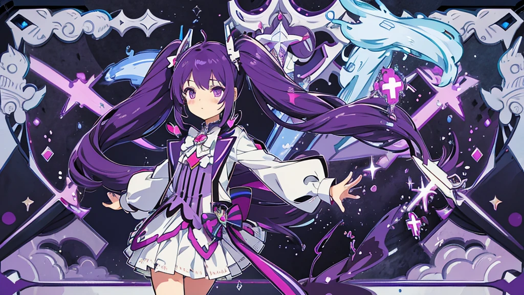 girl, height 145cm twintail hairstyle Wavy ends, purple hair, purple eyes, wearing a magical girl outfit. Turn to the front Using the magic of music