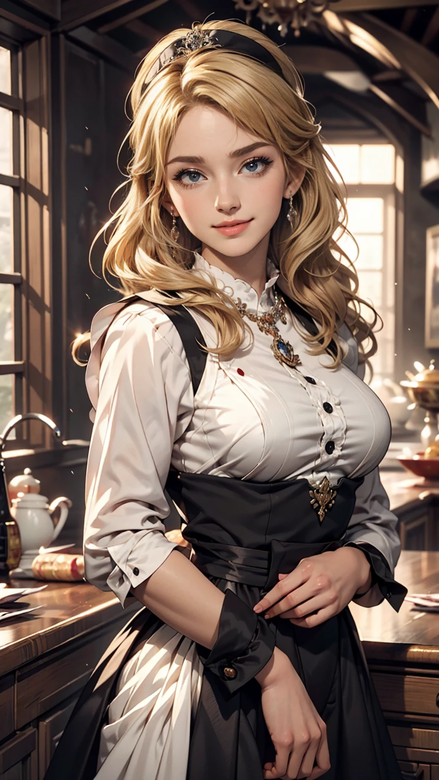 Fantasy Background, Cafe RPG Style, Empty chair, table, Tea Glass Set、24-year-old female、blue eyes、Blonde、Flat Top((flattop))、Sexy proportions、Narrow waist、One-Shoulder Topini length pleated skirt、stockings、Stiletto heels
