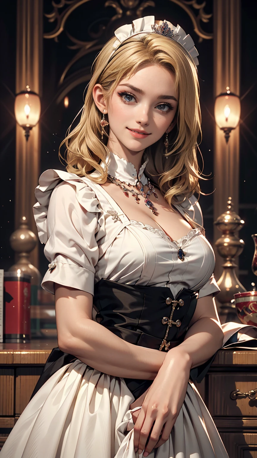1girl, Misa Amane_(Death Note), centered girl, perfectly body, perfectly hands, holding a black note, black and white roses, ornament hair, twintails, black roses on her hair, blonde hair, long hair, seat on a bed, black dress, candles, ta dress, gothic architecture, gothic design home, gothic style, gothic dress, more details on her clothes, golden details, night, smiling, a black note on her hand, gothic aesthetic, gothic architecture, black loliress
