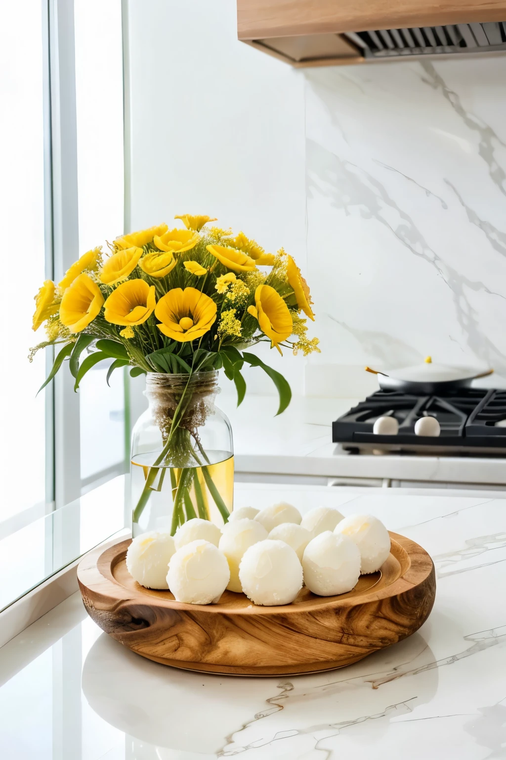 Photorealistic, ultra-detailed image of a porcelain plate adorned with gourmet Brazilian brigadeiros, flawlessly round white chocolate balls, meticulously coated with a layer of pure sugar and garnished with a pinch of zesty lemon zest. Nestled within a minimalist, cozy, and luxurious kitchen, decorated with white walls, wooden elements, and elegant vases filled with pristine white flowers. The overall scene exudes a professional photo quality, showcasing each ingredient's texture and intricacy in the highest resolution. Masterpiece, best quality, intricate details, sharp focus, natural lighting, and vibrant colors, all working together
