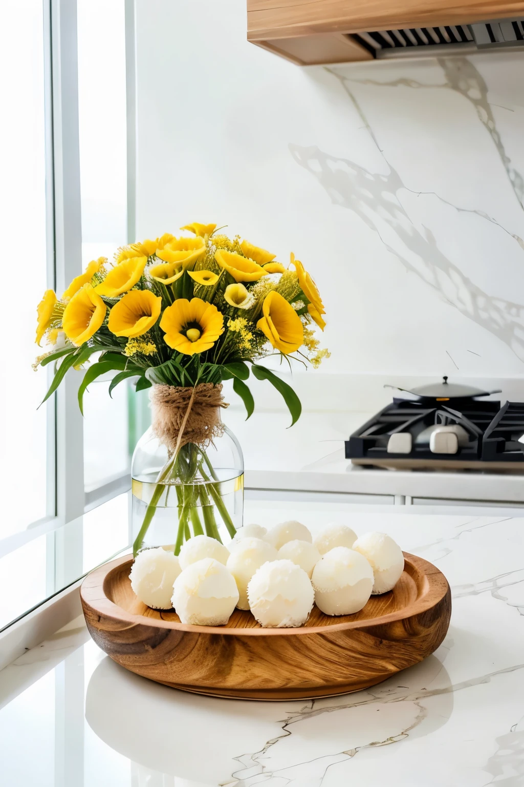 Photorealistic, ultra-detailed image of a porcelain plate adorned with gourmet Brazilian brigadeiros, flawlessly round white chocolate balls, meticulously coated with a layer of pure sugar and garnished with a pinch of zesty lemon zest. Nestled within a minimalist, cozy, and luxurious kitchen, decorated with white walls, wooden elements, and elegant vases filled with pristine white flowers. The overall scene exudes a professional photo quality, showcasing each ingredient's texture and intricacy in the highest resolution. Masterpiece, best quality, intricate details, sharp focus, natural lighting, and vibrant colors, all working together
