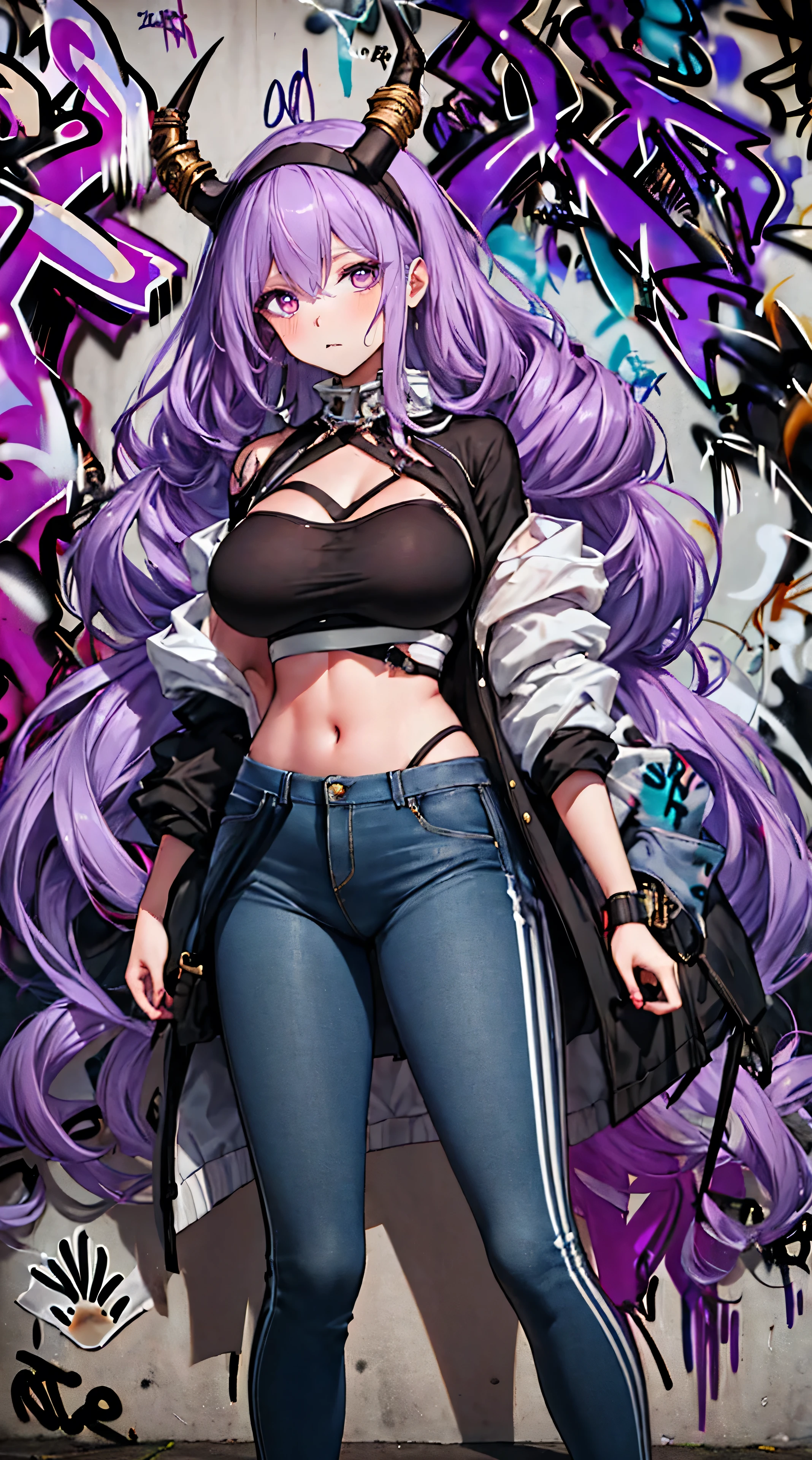 Typhon| Arc Knight, Masterpiece, best quality, 1 woman,Age 20, large breasts,  double tail hairstyle, The body is in proportion.., Dragon Hill, dragon tail, My hair is very long., headband, purple hair, conjunctivitis, Long jeans, ,only, (graffiti:1.5), splashed with purple lightning pattern., arm goes, behind, against the wall, Looking at the audience from the front., tilt your head,