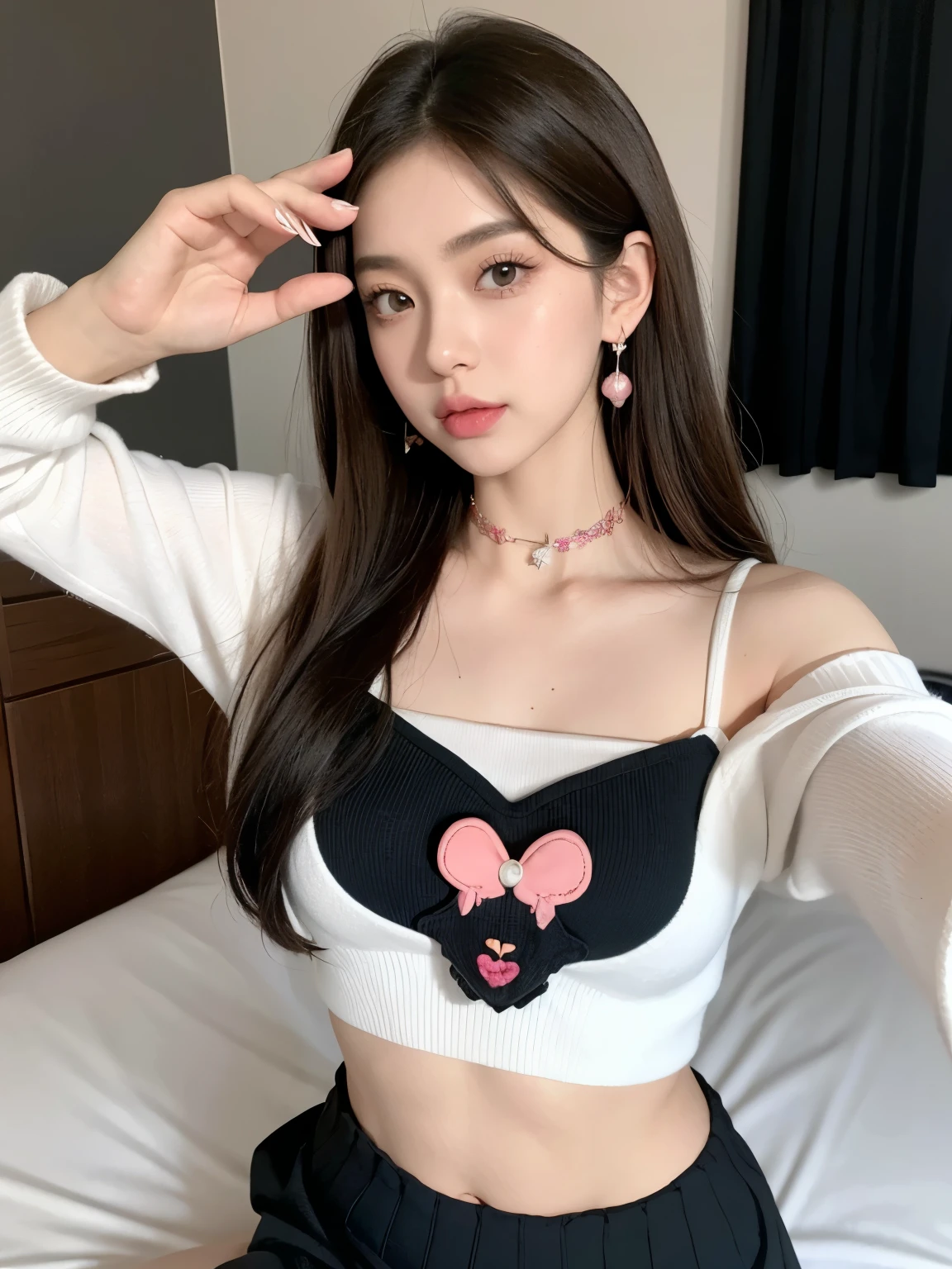 Kim Jennie with white brown hair, con rulos en las puntas, all her hair white brown, with a star clip in her white brown hair, ojos de color claro, ojos bonitos, ojos llorosos, nariz bonita y respingada, nariz lloroso, labios bonitos, labios rosas, heart and cupid shaped lip, piel bonita, pale, piel blanca, con lunares y pecas en todo el rostro, rubor rosa suave en las mejilla, rubor rosa natural, maquillaje suave y rosa, jennie, cuello bonito, cuello marcado, frown, mirada tierna, con un collar de beso, un collar bonito de beso, parecido a Yumeko Jabami, mientras lleva puesto un Crochet YK2, de lana, with a YK2 style brown mini skirt, mientras lleva una casaca con estampados de ositos, mientras tiene el abdomen desnudo, delgado, marcado y bonito, (pechos grandes, pechos suaves, pechos bonitos), mientras esta haciendo cospaly del personaje Yumeko Jabami, del anime Kakegurui, mirando a la camara, autofoto, selfie bonita