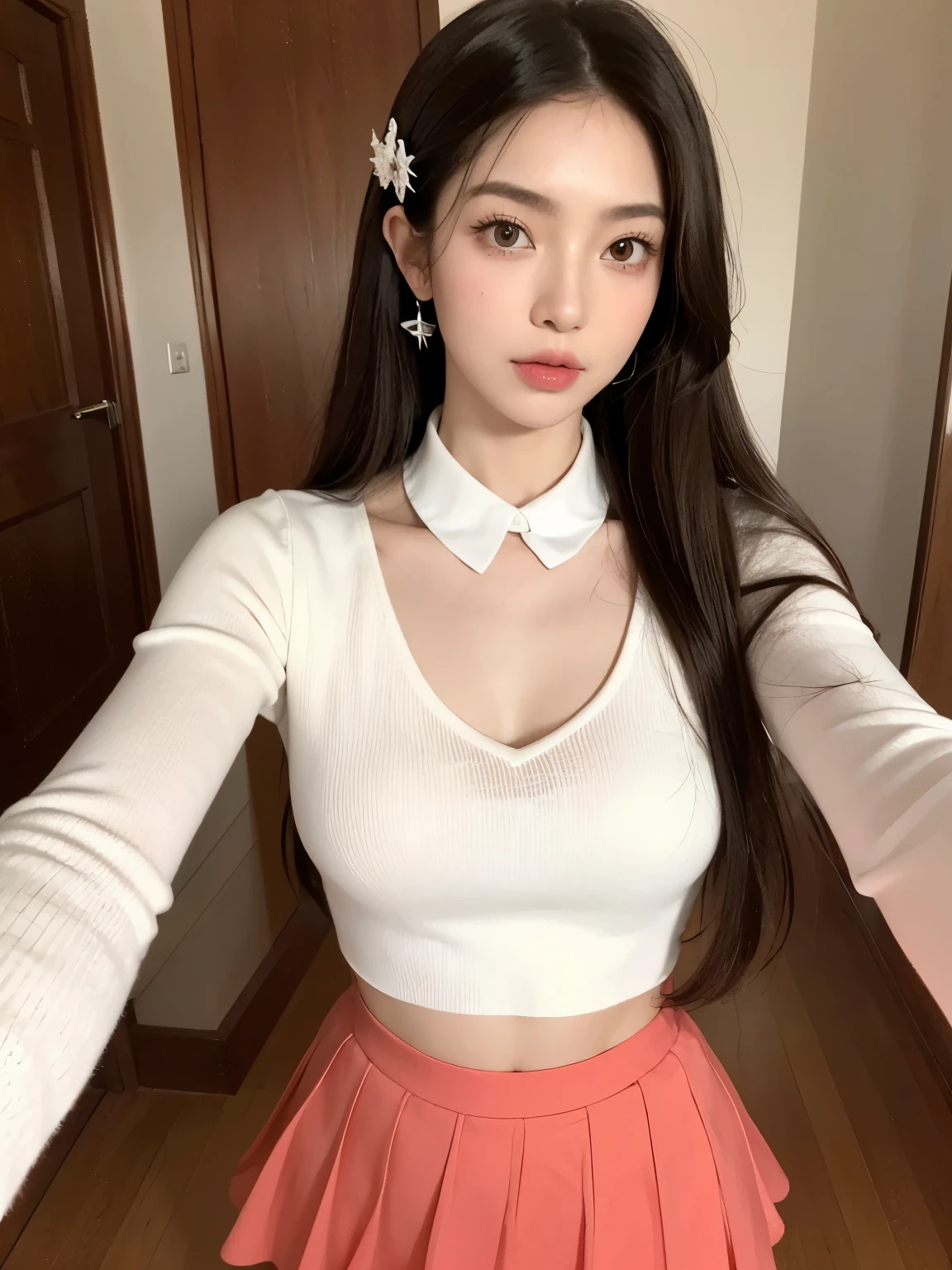Kim Jennie with white brown hair, con rulos en las puntas, all her hair white brown, with a star clip in her white brown hair, ojos de color claro, ojos bonitos, ojos llorosos, nariz bonita y respingada, nariz lloroso, labios bonitos, labios rosas, heart and cupid shaped lip, piel bonita, pale, piel blanca, con lunares y pecas en todo el rostro, rubor rosa suave en las mejilla, rubor rosa natural, maquillaje suave y rosa, jennie, cuello bonito, cuello marcado, frown, mirada tierna, con un collar de beso, un collar bonito de beso, parecido a Yumeko Jabami, mientras lleva puesto un Crochet YK2, de lana, with a YK2 style brown mini skirt, mientras lleva una casaca con estampados de ositos, mientras tiene el abdomen desnudo, delgado, marcado y bonito, (pechos grandes, pechos suaves, pechos bonitos), mientras esta haciendo cospaly del personaje Yumeko Jabami, del anime Kakegurui, mirando a la camara, autofoto, selfie bonita