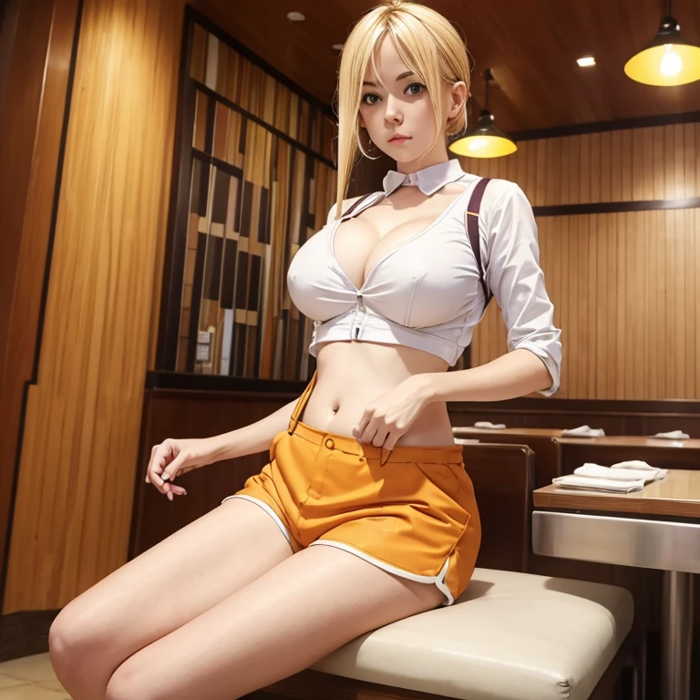 A blonde girl eating curry rice at a curry restaurant　Wearing sneakers　High leg shorts with suspenders　Large Breasts　Showing her belly button　Ultra low rise　Knee-high socks　　No underwear　Belt on chest