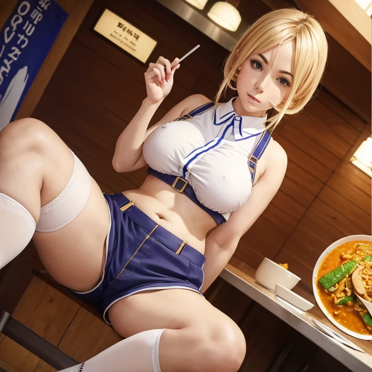 A blonde girl eating curry rice at a curry restaurant Wearing sneakers High leg shorts with suspenders Large Breasts Showing her belly button Ultra low rise Knee-high socks No underwear Belt on chest