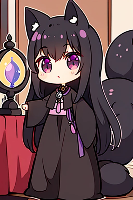 A black haired woman with violet eyes with an hourglass figure and black fox ears and a black fox tail is playing video games in the living room
