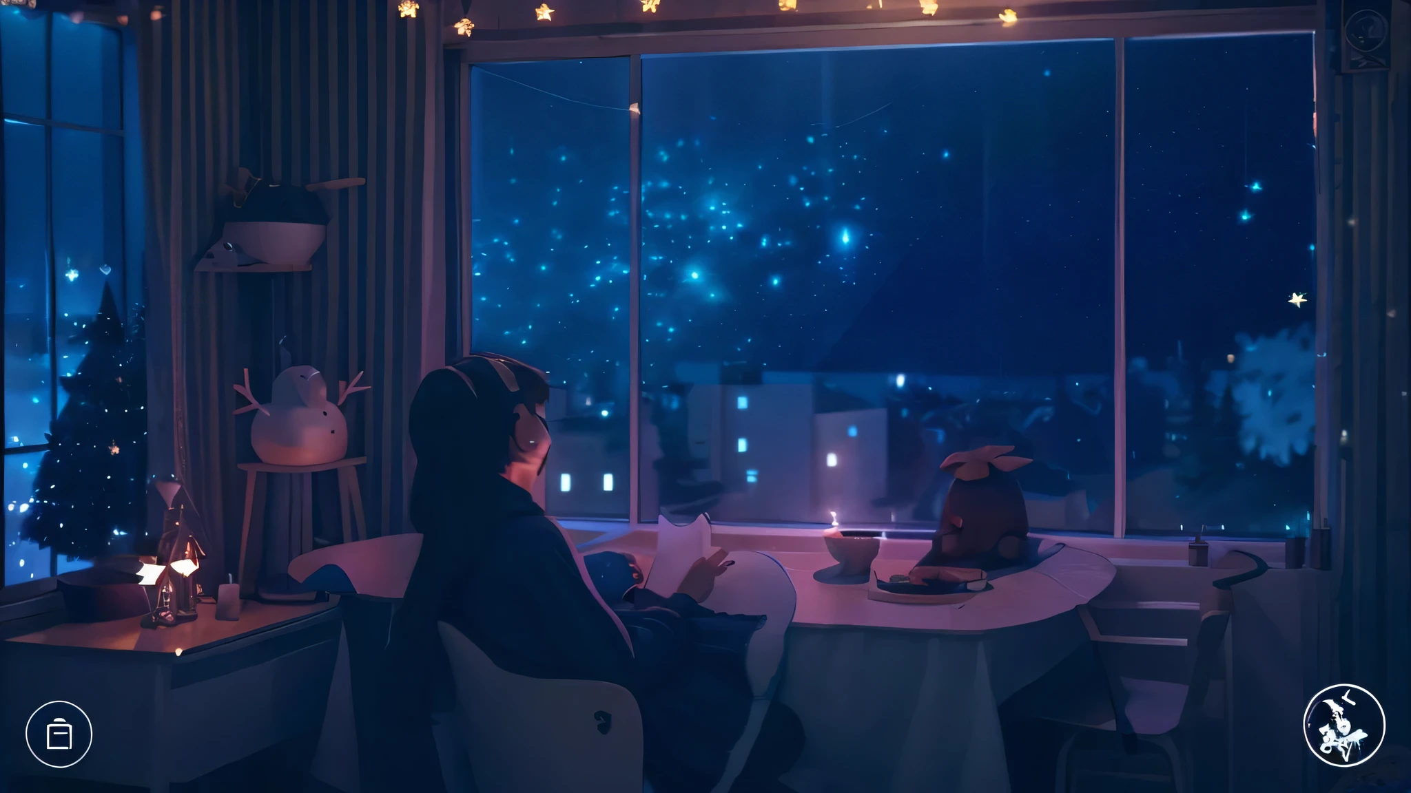 night、night scene、room、Girl gazing at the starry sky、There&#39;s a cat beside me、I stroke it、