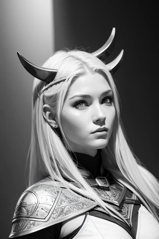 female viking warrior queen, slim fine face, white hair, epic lighting, black and white, comic book style, vector, lineart, no background,