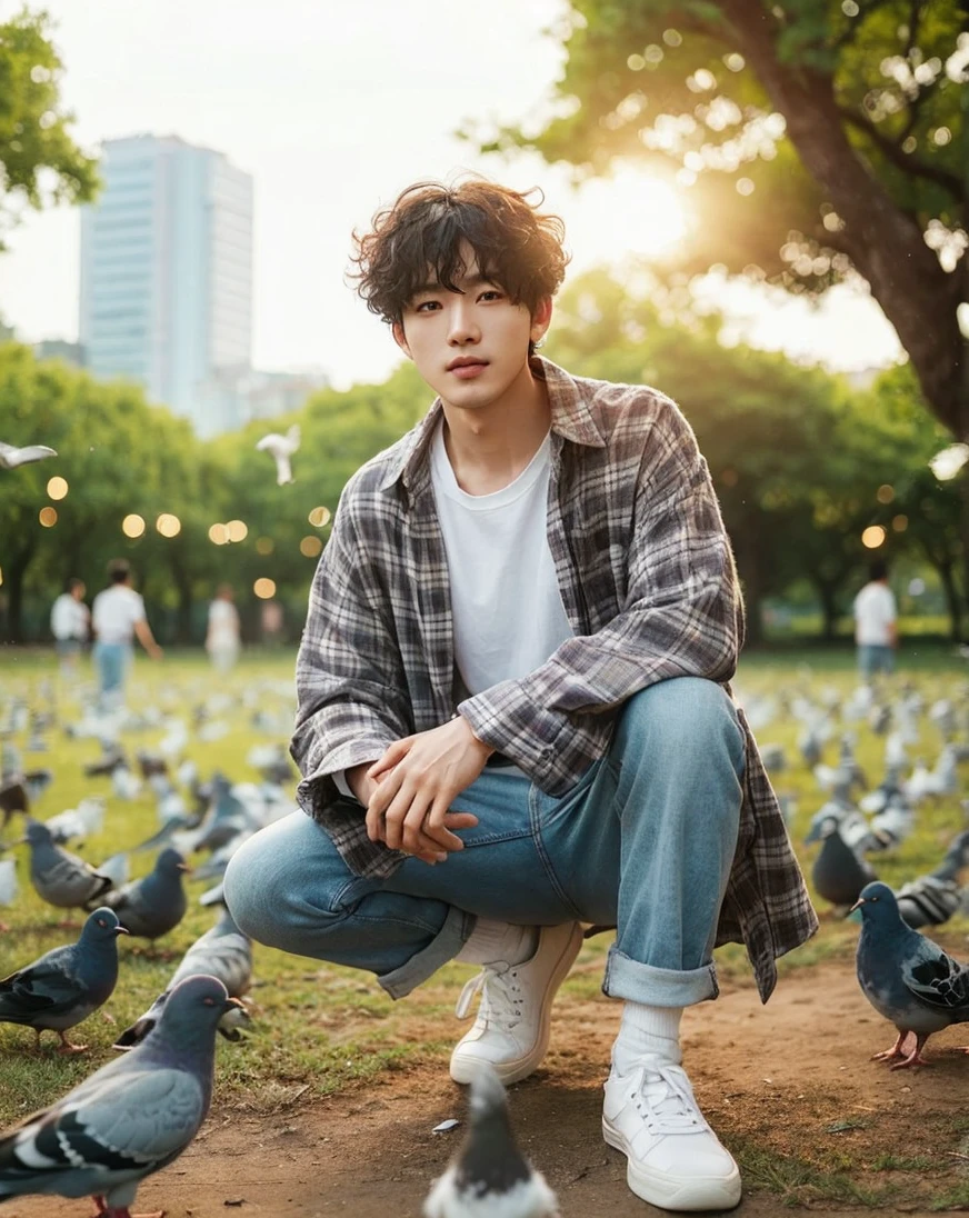 Professional photography, a Korean man with curly hair wearing a flannel shirt, white t-shirt, blue jeans, white sneakers, ideal height, handsome, standing in a meadow filled with pigeons, feeding the pigeons, bright light in the background, trees , green grass,bokeh,view to camera