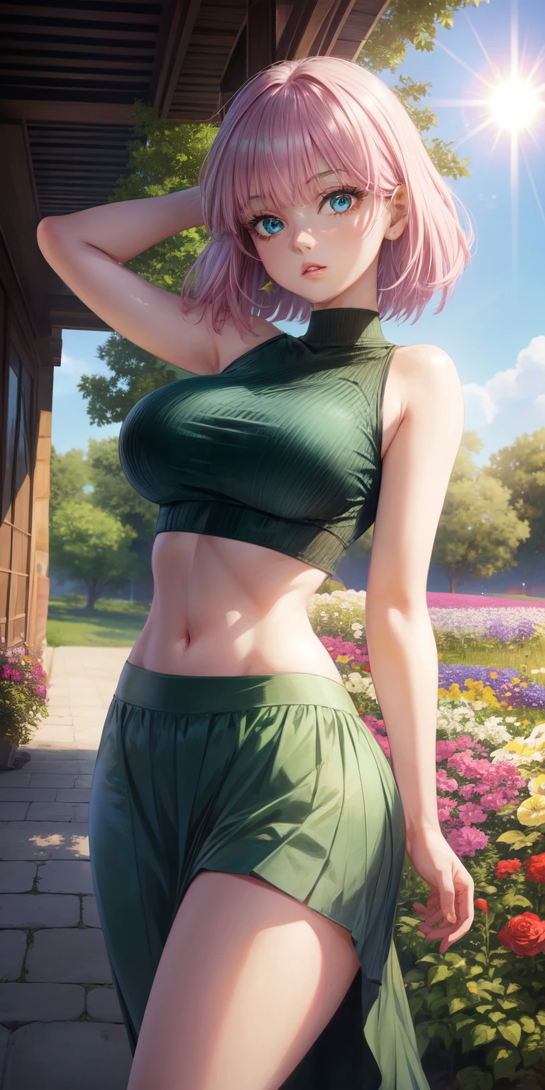 realistic, 1girl, Fubuki, pink hair, green eyes, big round breasts, pure white skin, shining eyes, dark green crop top, dark green skirt, parted lips, rouge, night, flowers, sun, sunshine