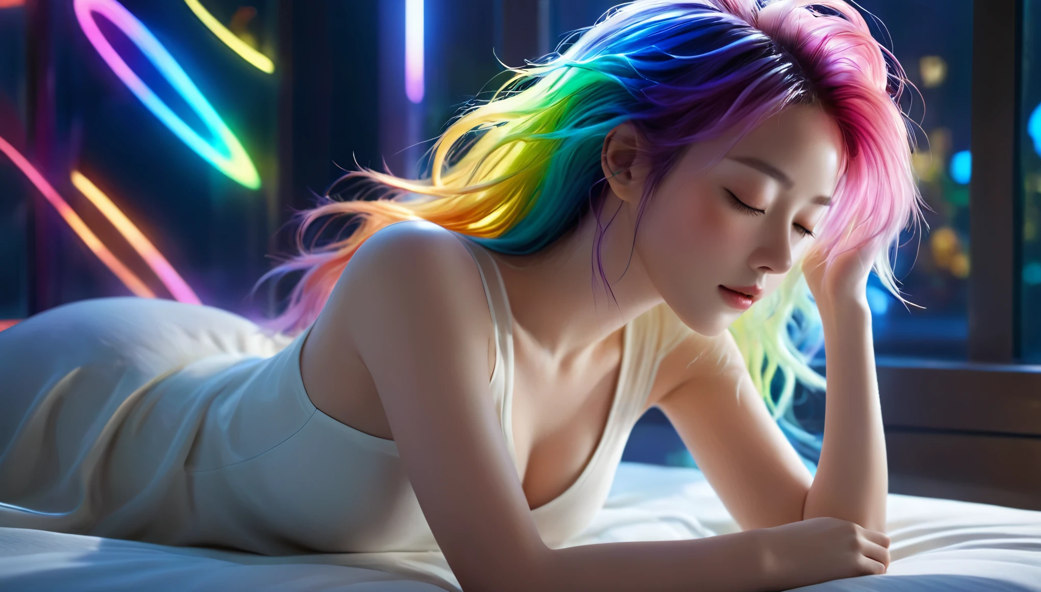 (best quality,8k,ultra-detailed:1.2),(CG,CG art,3D rendering),(masterpiece:1.2),（Crawling on the table），（Sexy clothing），(movie lighting,futuristic),(woman lying in bed,sleeping,closed eyes),(large window behind her,tranquil night),(colorful hair:1.5)