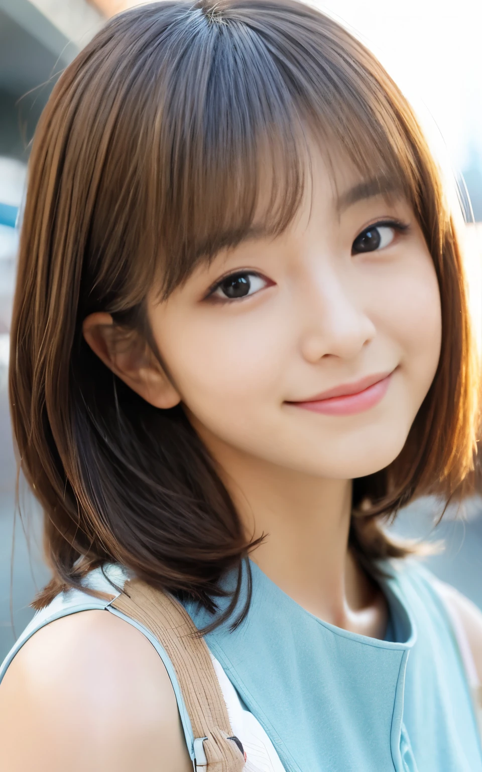 Cute 21 year old Japanese、city、shopping、Super detailed face、Pay attention to the details、double eyelid、Beautiful thin nose、Sharp focus:1.2、Beautiful woman:1.4、(Light brown hair,short hair、),Pure white skin、highest quality、masterpiece、Ultra-high resolution、(Photorealistic:1.4)、Highly detailed and professional lighting、nice smile、Please show me your whole body、Cute Spring Clothes、