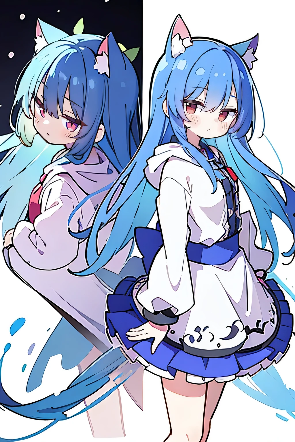 （masterpiece：1.2），Super detailed，lifelike，Expressive eyes，fair skin，perfect face shape，1 girl，
Japanese comics,Gorgeous blue hair,flowing blue hair,flowing clothes,Cat ears,Petals fall,beautiful lola,Baby Angel,
Shaking head with one hand，Cross your legs，Gentle and peaceful background，The pavilion is cool and comfortable,smile, wearing hoodie, background of tokyo,back views,snowing, winter.