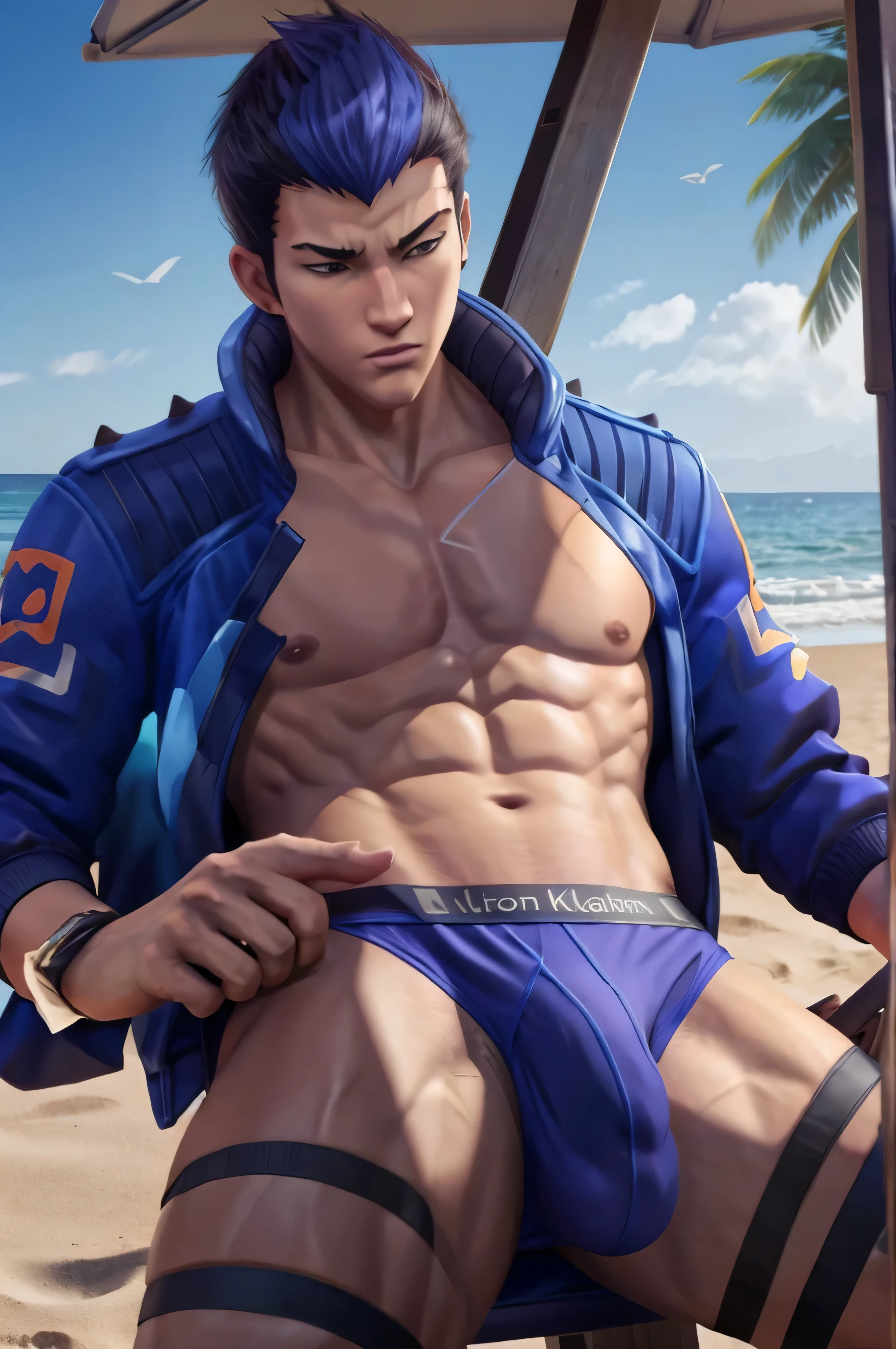 yoru valorant, bulge, hand inside underwear, beach background, calvin klein underwear