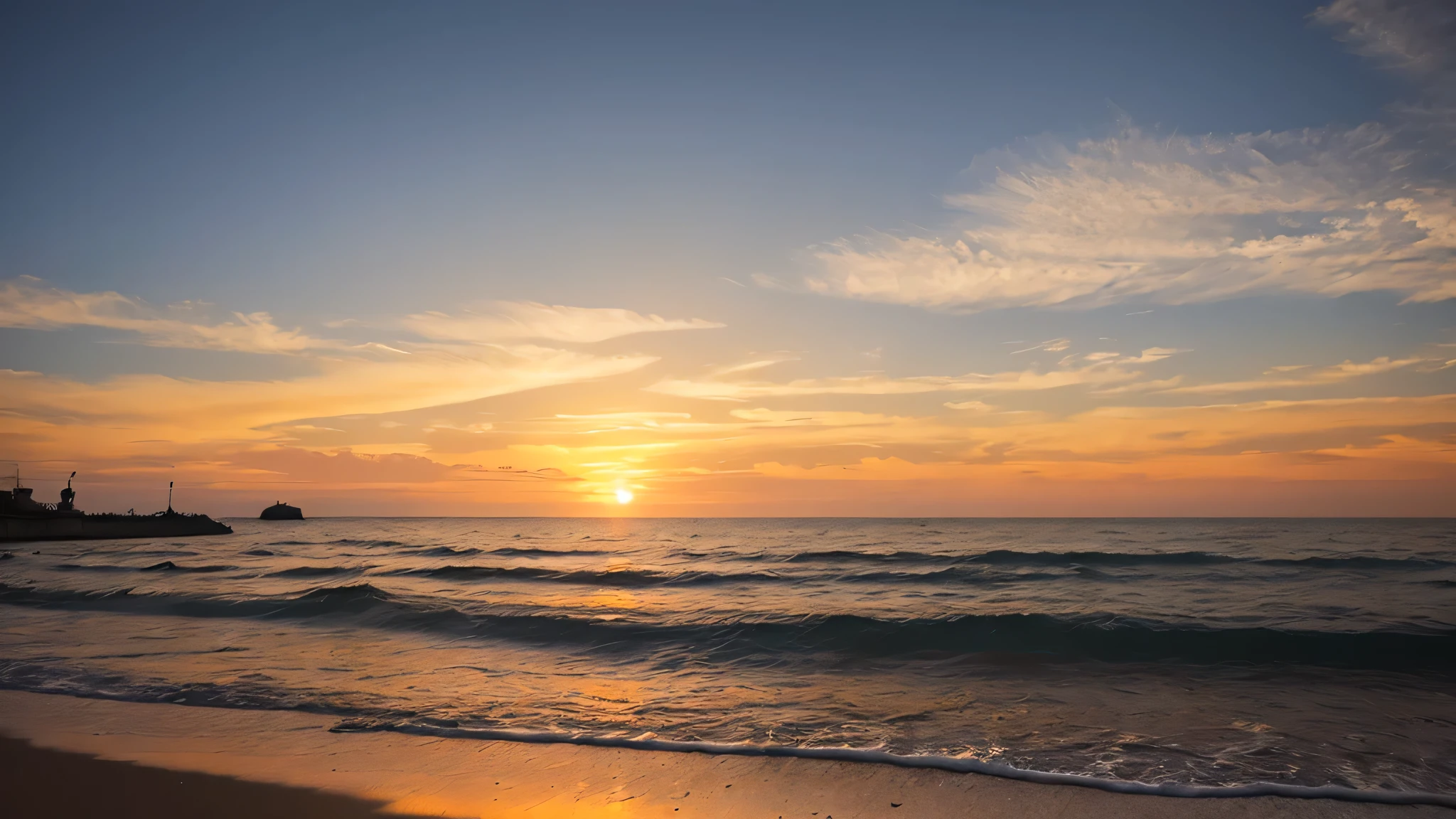 Empty beach、Bright sunset