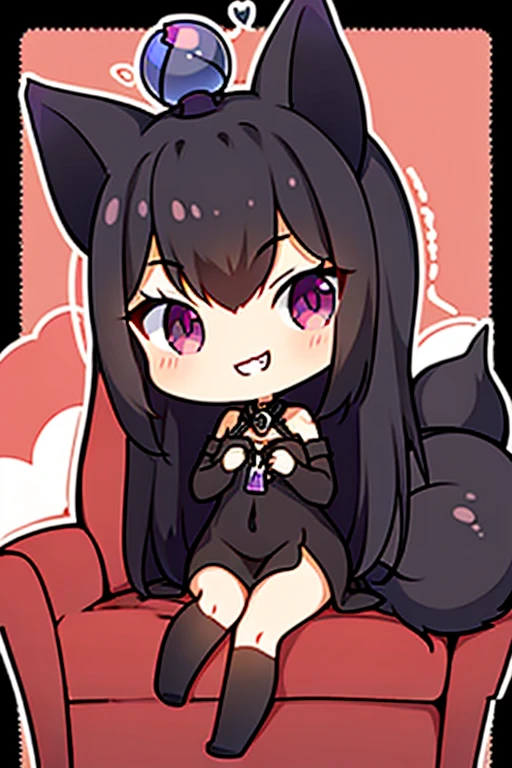 A black haired woman with violet eyes with an hourglass figure and black fox ears and a black fox tail is lounging on a couch with a sly grin