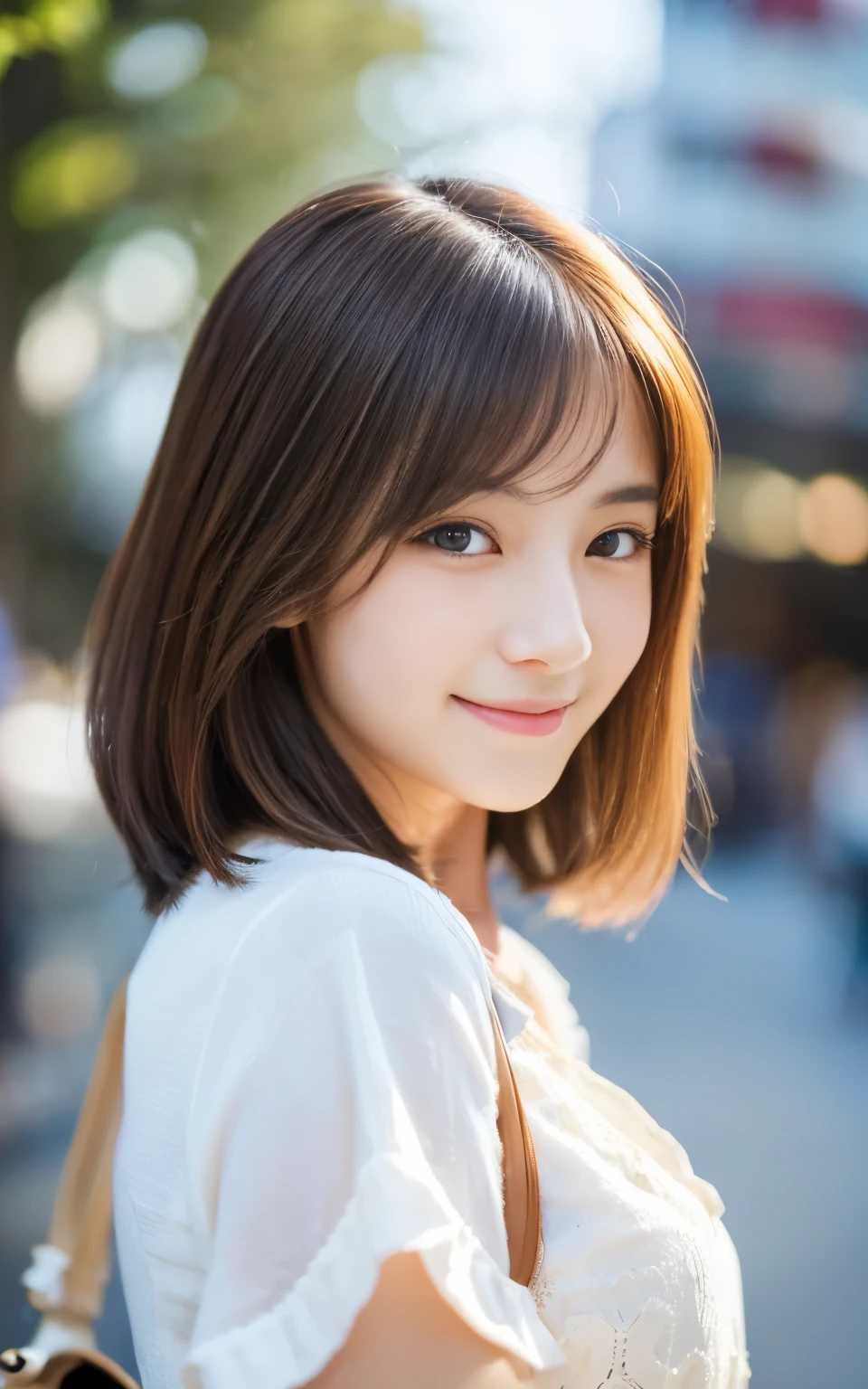 Cute 21 year old Japanese、city、shopping、Super detailed face、Pay attention to the details、double eyelid、Beautiful thin nose、Sharp focus:1.2、Beautiful woman:1.4、(Light brown hair,short hair、),Pure white skin、highest quality、masterpiece、Ultra-high resolution、(Photorealistic:1.4)、Highly detailed and professional lighting、nice smile、Please show me your whole body、Cute Spring Clothes、