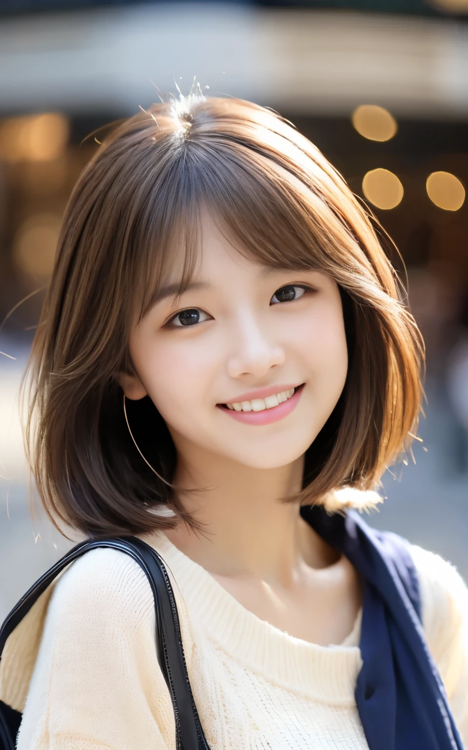 Cute 21 year old Japanese、city、shopping、Super detailed face、Pay attention to the details、double eyelid、Beautiful thin nose、Sharp focus:1.2、Beautiful woman:1.4、(Light brown hair,short hair、),Pure white skin、highest quality、masterpiece、Ultra-high resolution、(Photorealistic:1.4)、Highly detailed and professional lighting、nice smile、Please show me your whole body、Cute Spring Clothes、